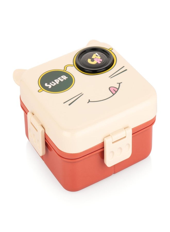 ATTRO Festive Super Cat Lunch Box 2 Layer Plastic Lunch Box Comes with 1 Detachable Tray, 1 Small Container & 1 Spoon Ideal for Kids BPA Free 1590ml+70ml- Cream Red - Image 1